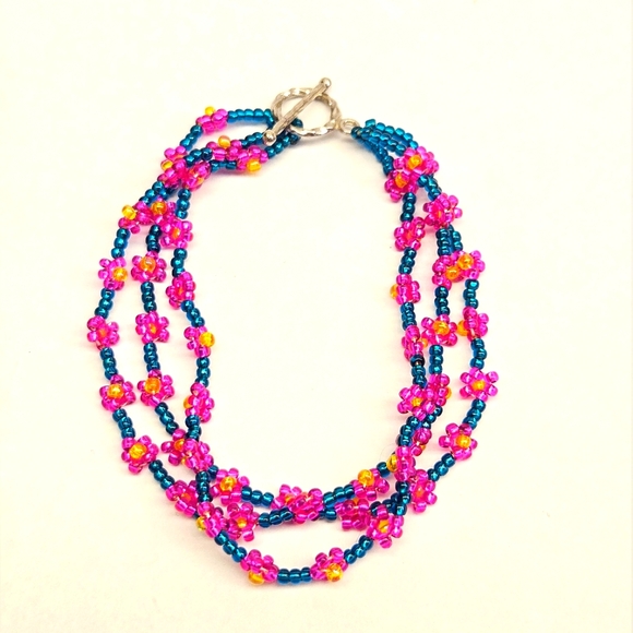 Handmade Triple Strand Seed Beaded Flower Bracelet - Picture 3 of 6